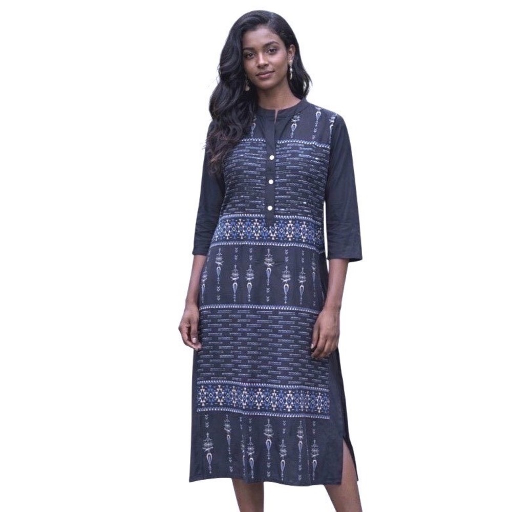 Kurta Tunic Dress Size Large Black Crepe Geometric Foil‎ Print Straight